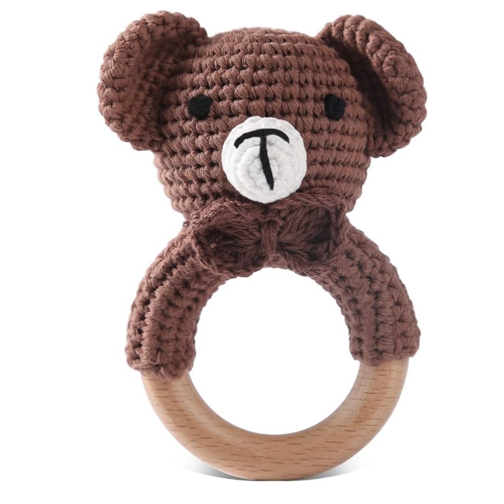 Wooden Rattle for Baby Brain Development, Crochet Bear Wood Baby Rattle.